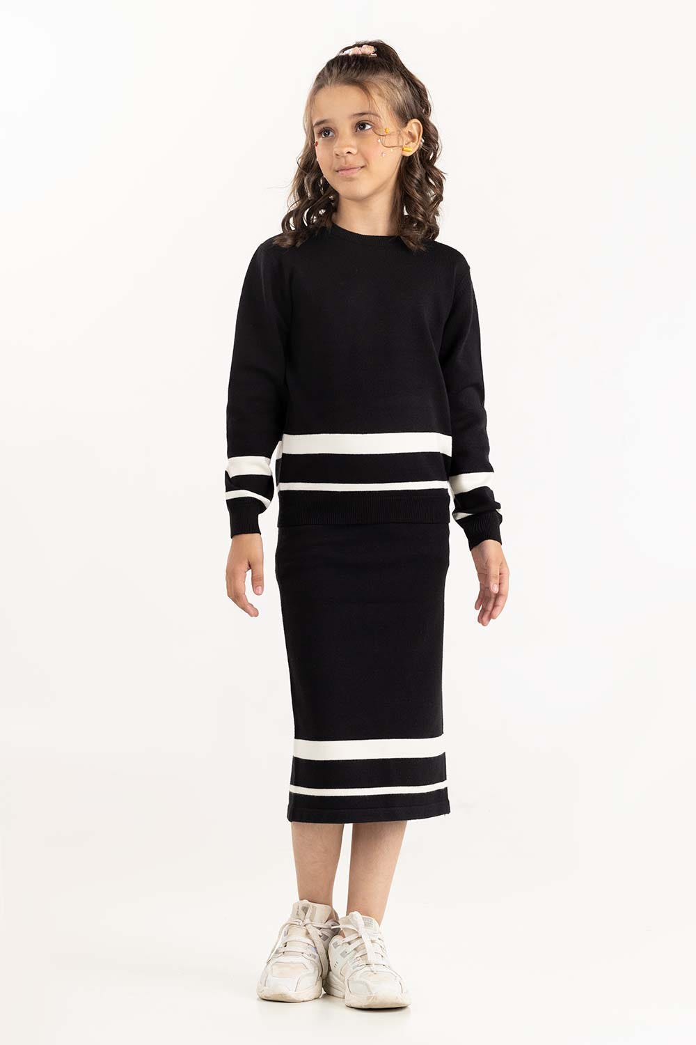 Junior Girl Black Striped Knit Short Skirt 224-416-310