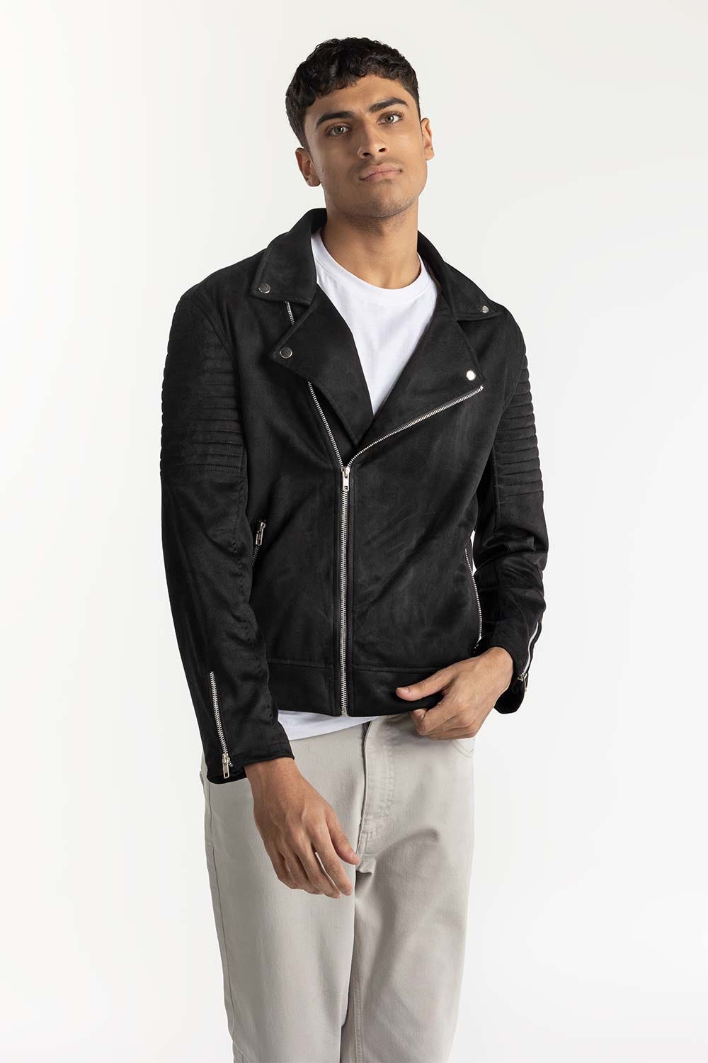Black Suede Biker Jacket 224-110-012
