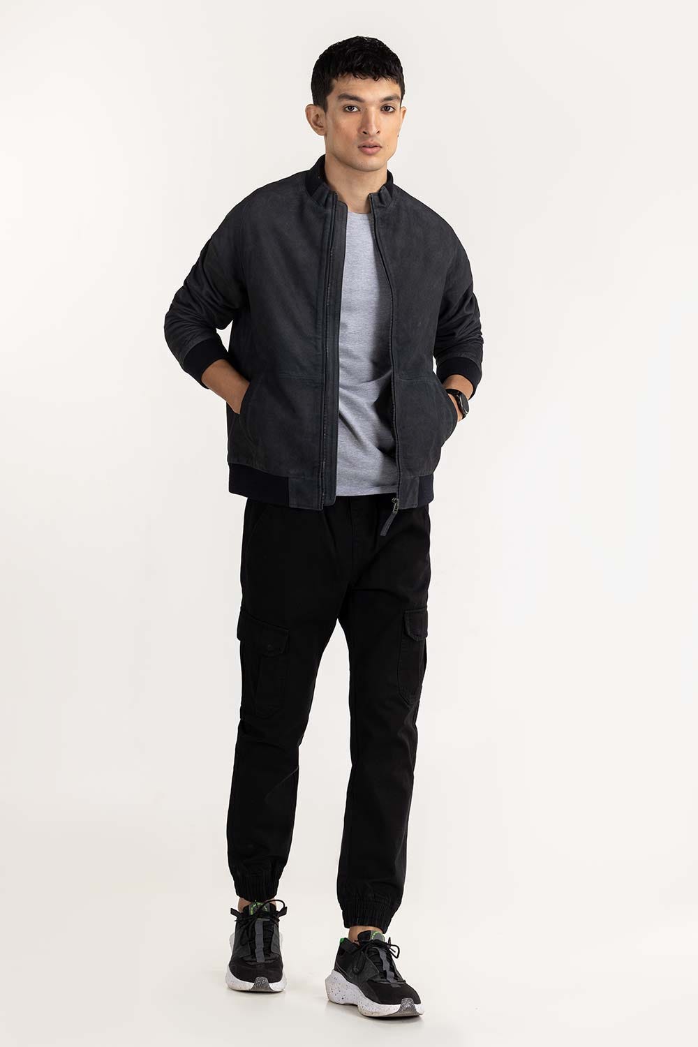 Black Suede Leather Bomber Jacket JKT-LTH22-043