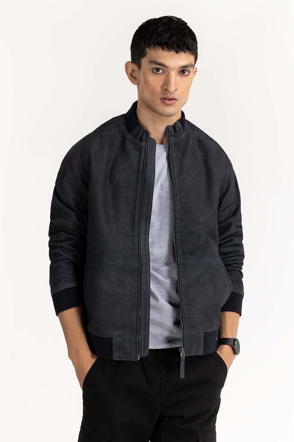 Black Suede Leather Bomber Jacket JKT-LTH22-043