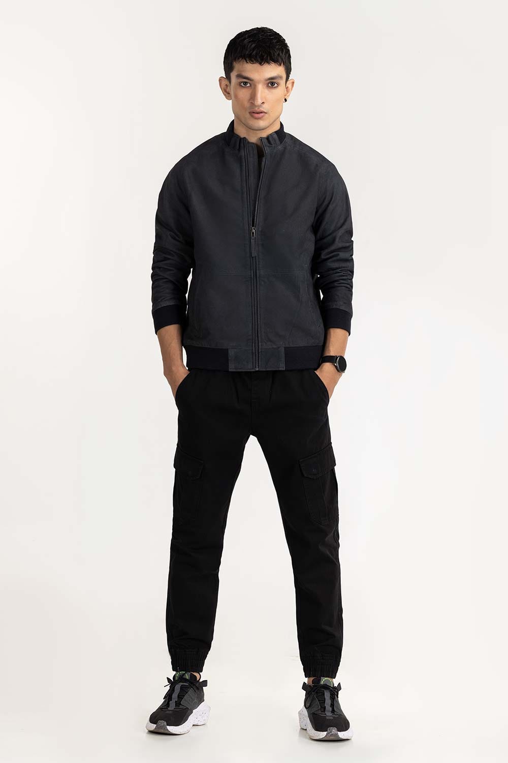 Black Suede Leather Bomber Jacket JKT-LTH22-043