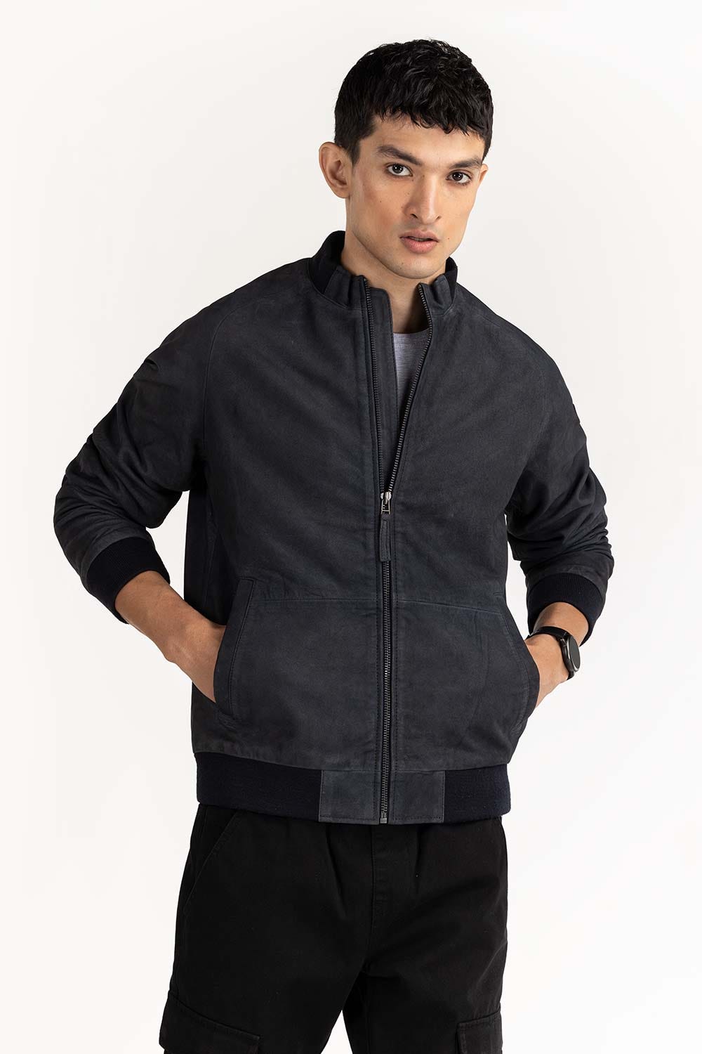 Black Suede Leather Bomber Jacket JKT-LTH22-043