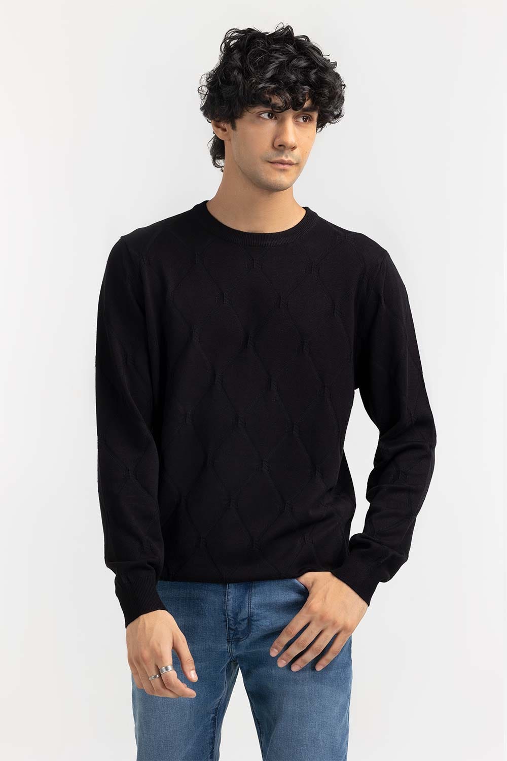 Black Textured Crew Neck Sweater SWT-FFSCN22-238