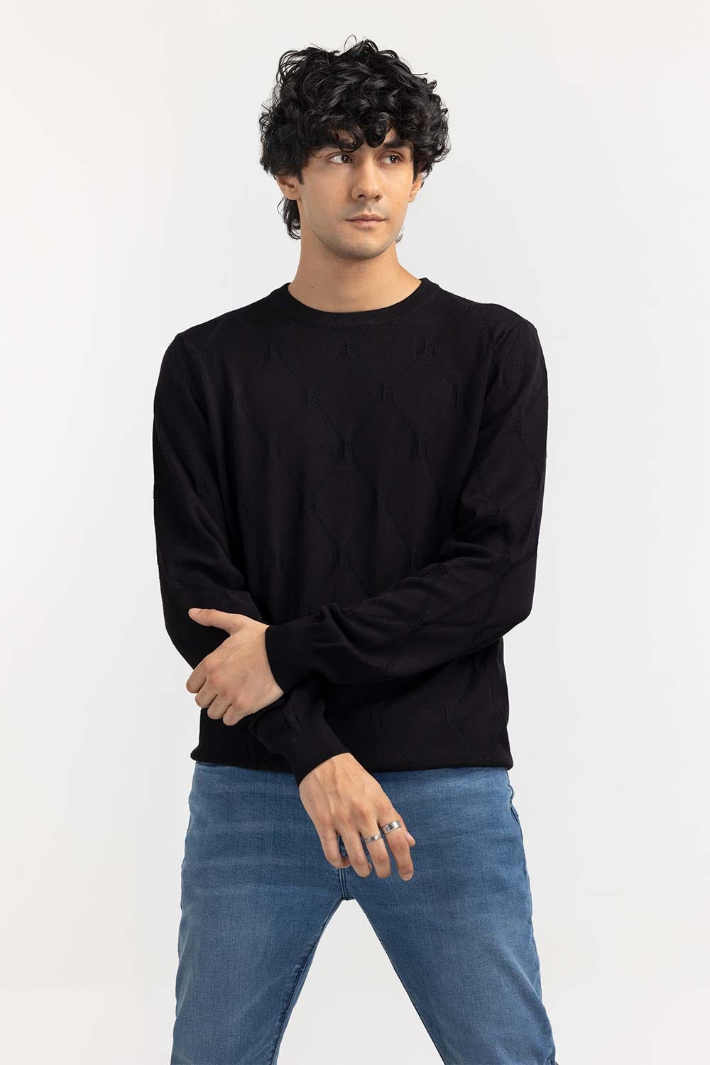Black Textured Crew Neck Sweater SWT-FFSCN22-238