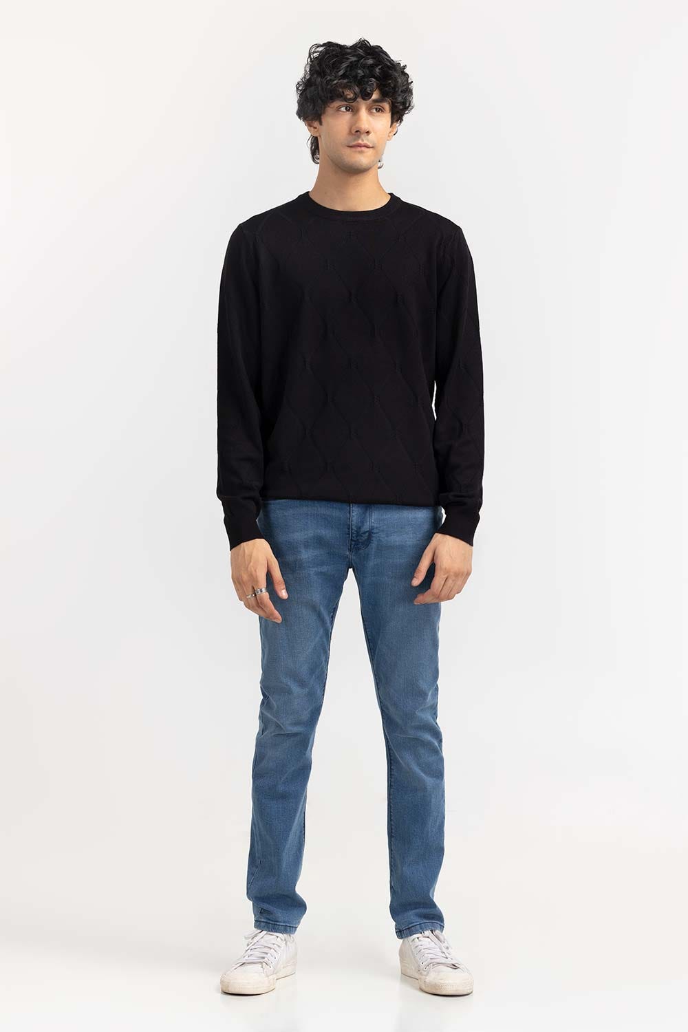 Black Textured Crew Neck Sweater SWT-FFSCN22-238