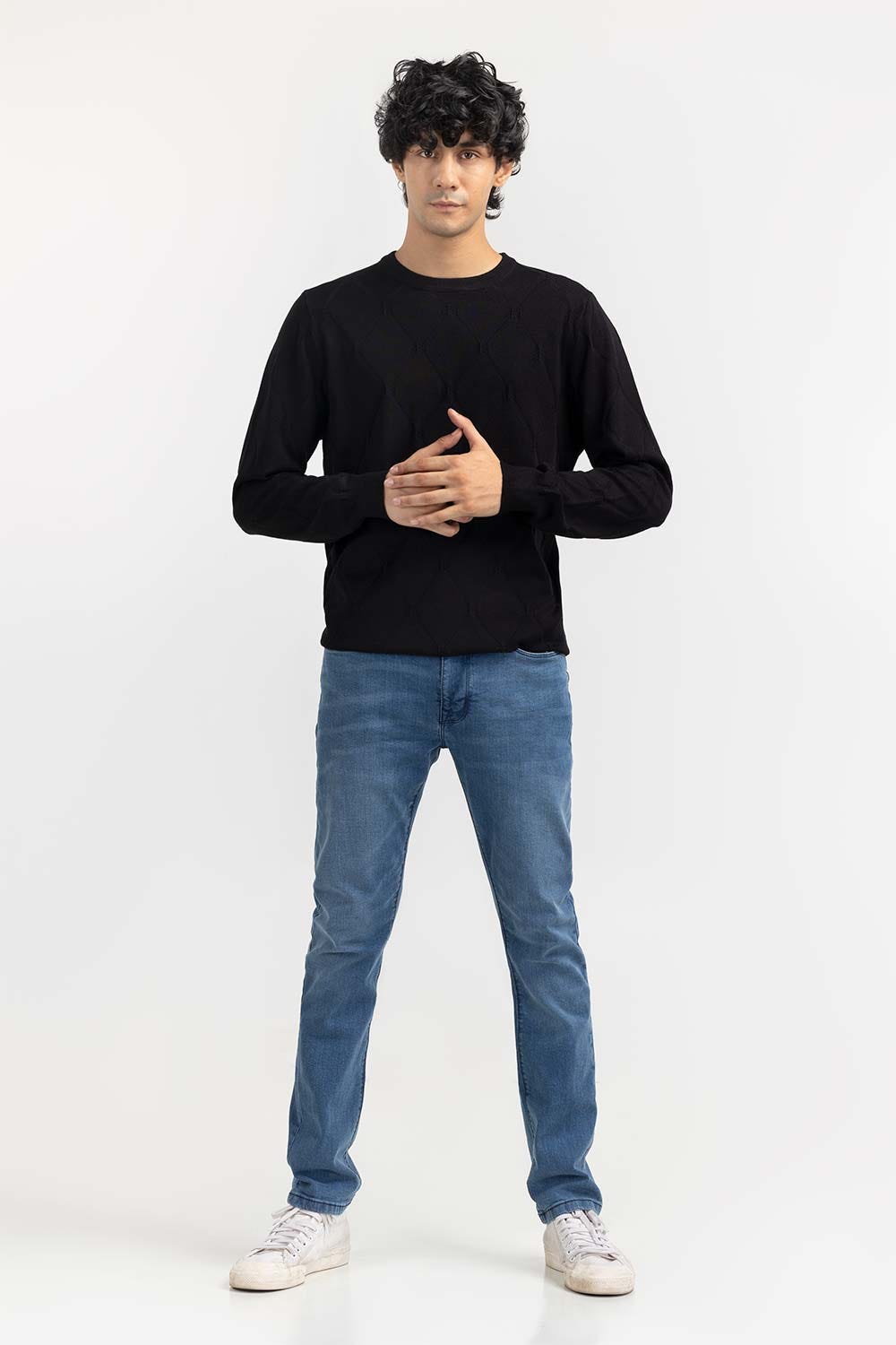 Black Textured Crew Neck Sweater SWT-FFSCN22-238