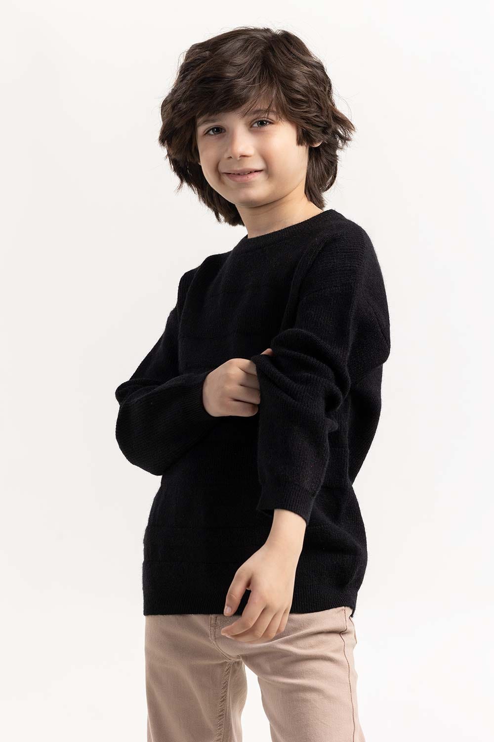 Junior Boy Black Textured Knit Sweater 224-311-013