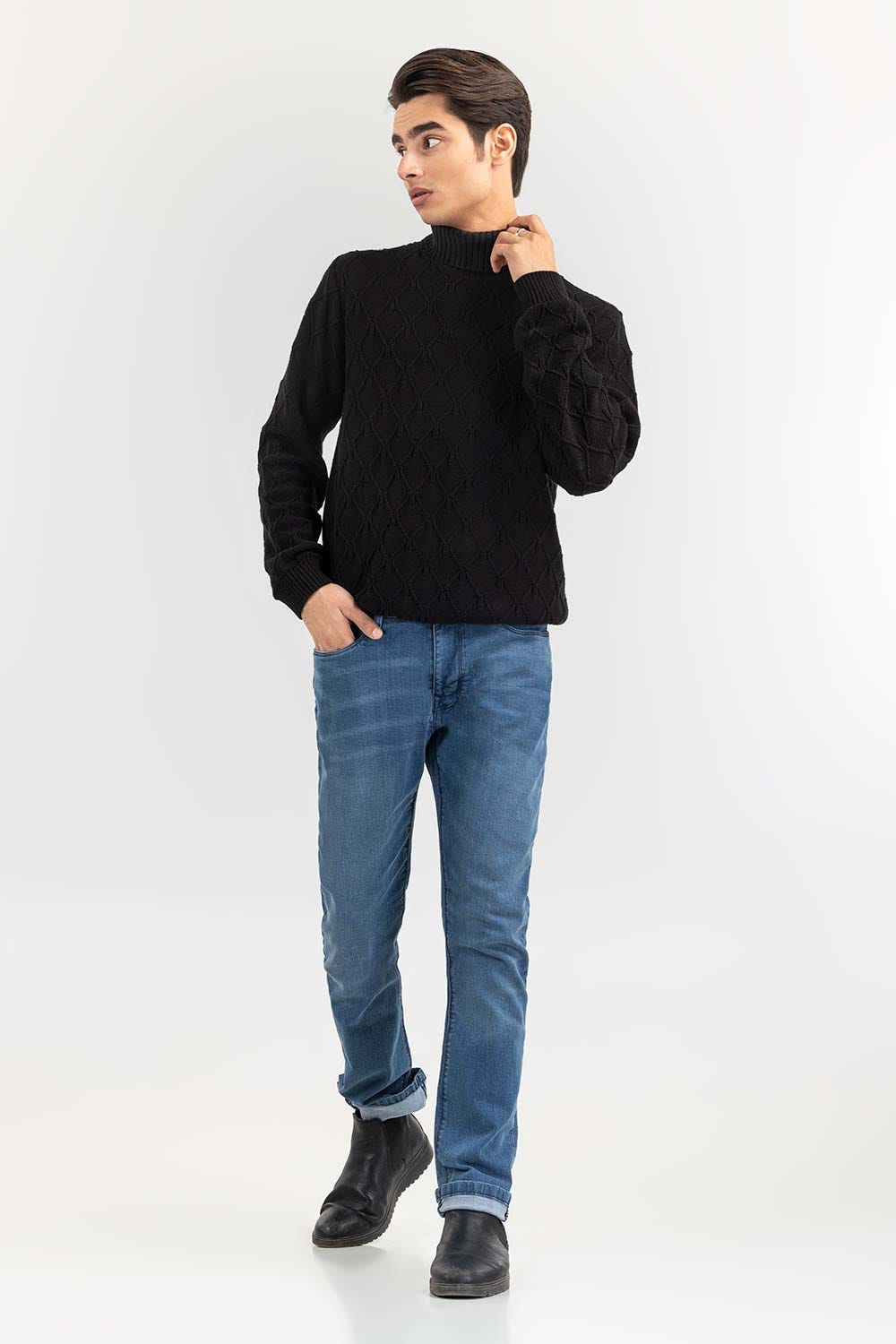 Black Textured Turtle Neck Sweater SWT-FFSTN22-189