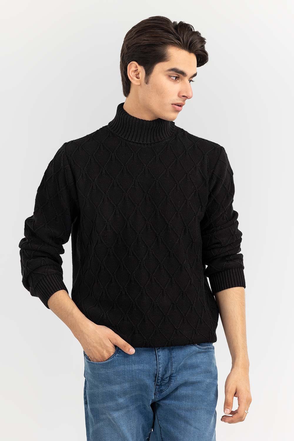Black Textured Turtle Neck Sweater SWT-FFSTN22-189