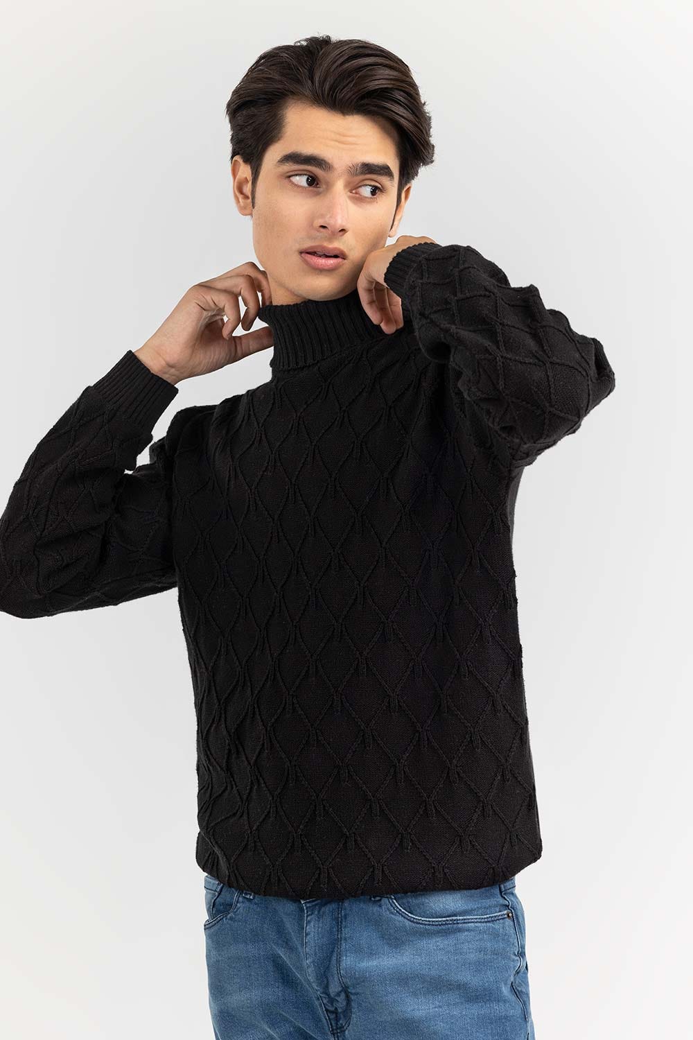Black Textured Turtle Neck Sweater SWT-FFSTN22-189