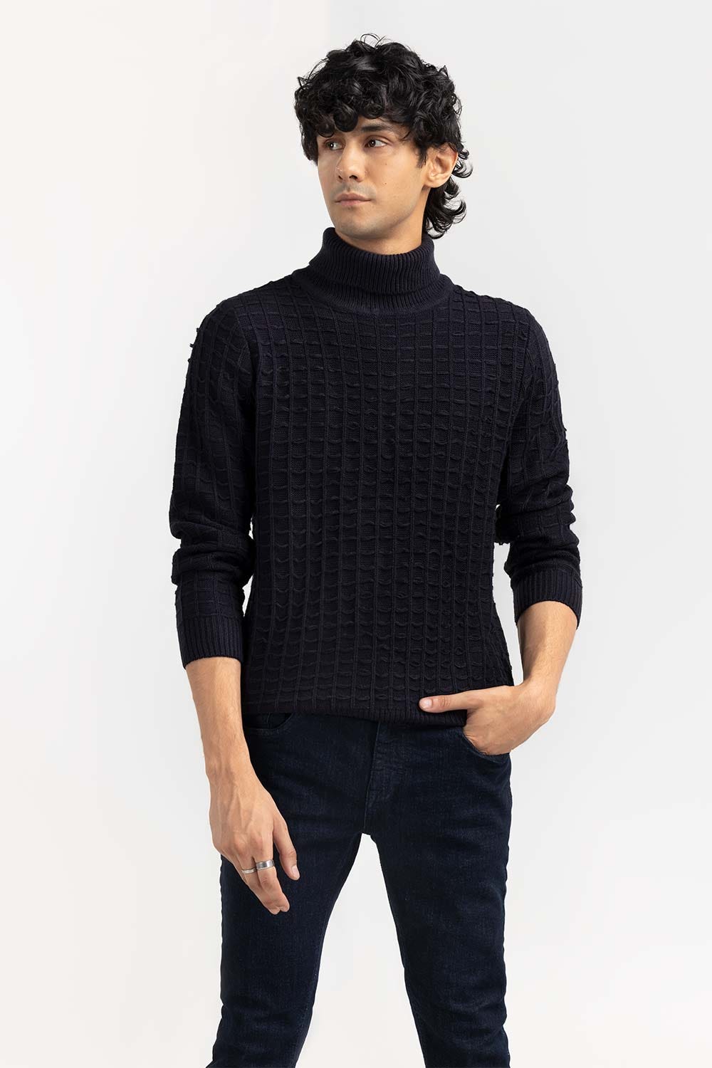 Black Textured Turtle Neck Sweater SWT-FFSTN22-262