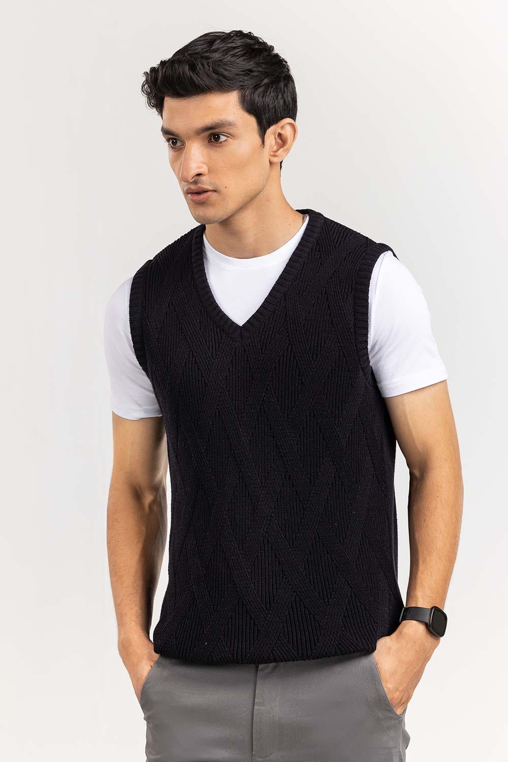 Black Textured V Neck Sleeveless Sweater SWT-FSLVN22-205-1