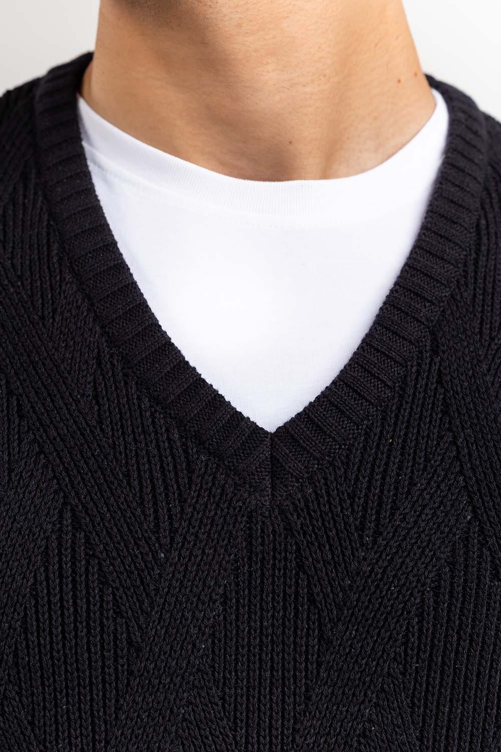 Black Textured V Neck Sleeveless Sweater SWT-FSLVN22-205-1