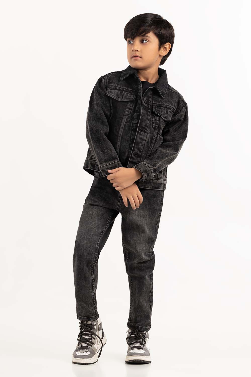 Junior Boy Black Wash Collared Denim Jacket 224-310-056