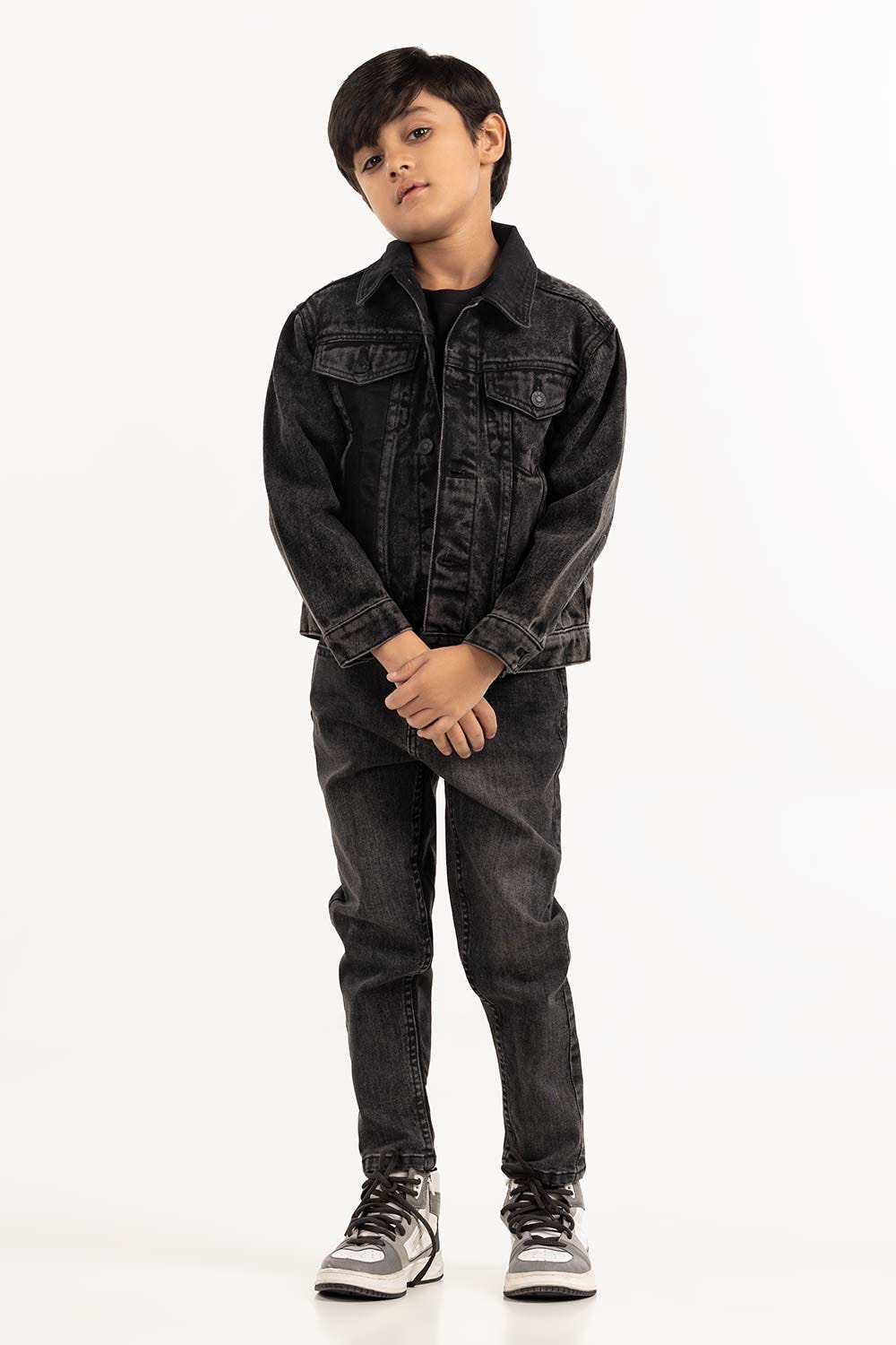 Junior Boy Black Wash Collared Denim Jacket 224-310-056