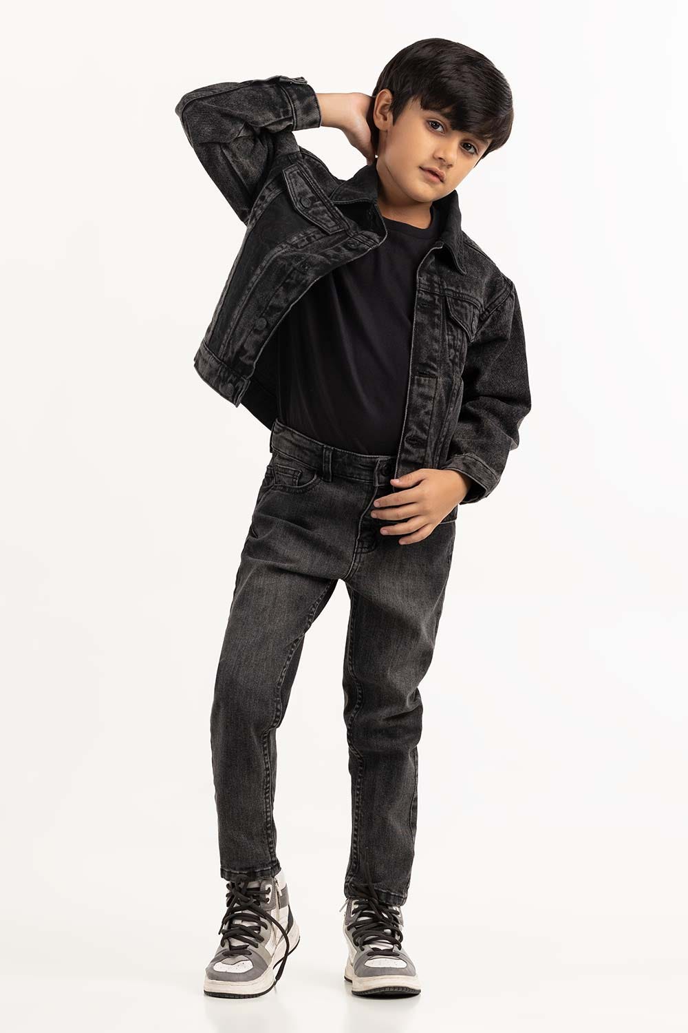 Junior Boy Black Wash Collared Denim Jacket 224-310-056