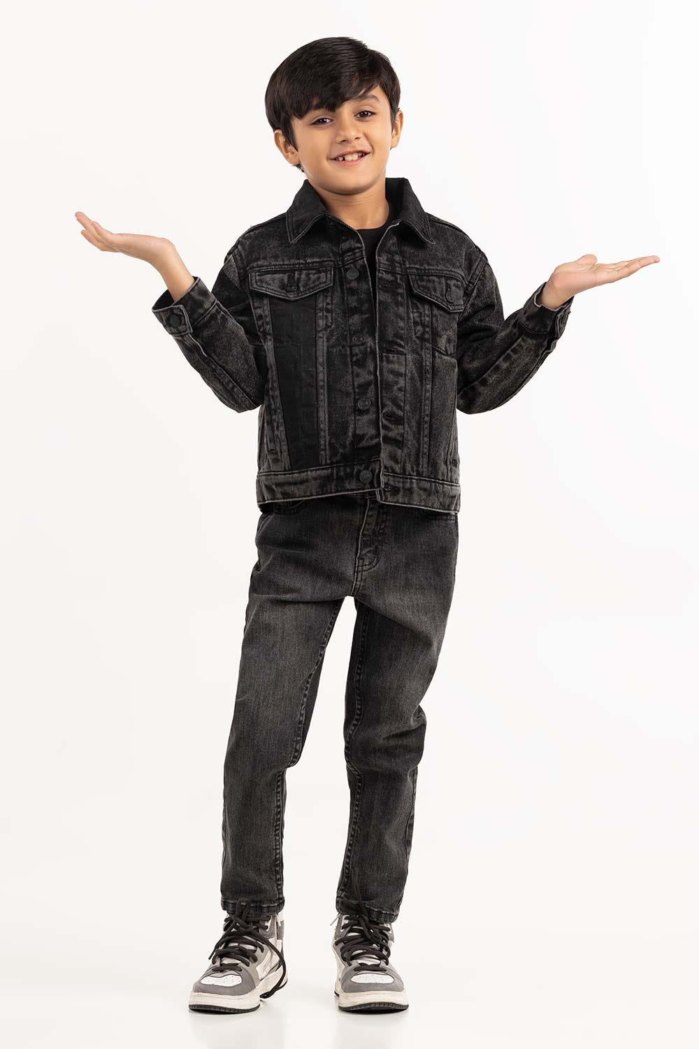Junior Boy Black Wash Collared Denim Jacket 224-310-056