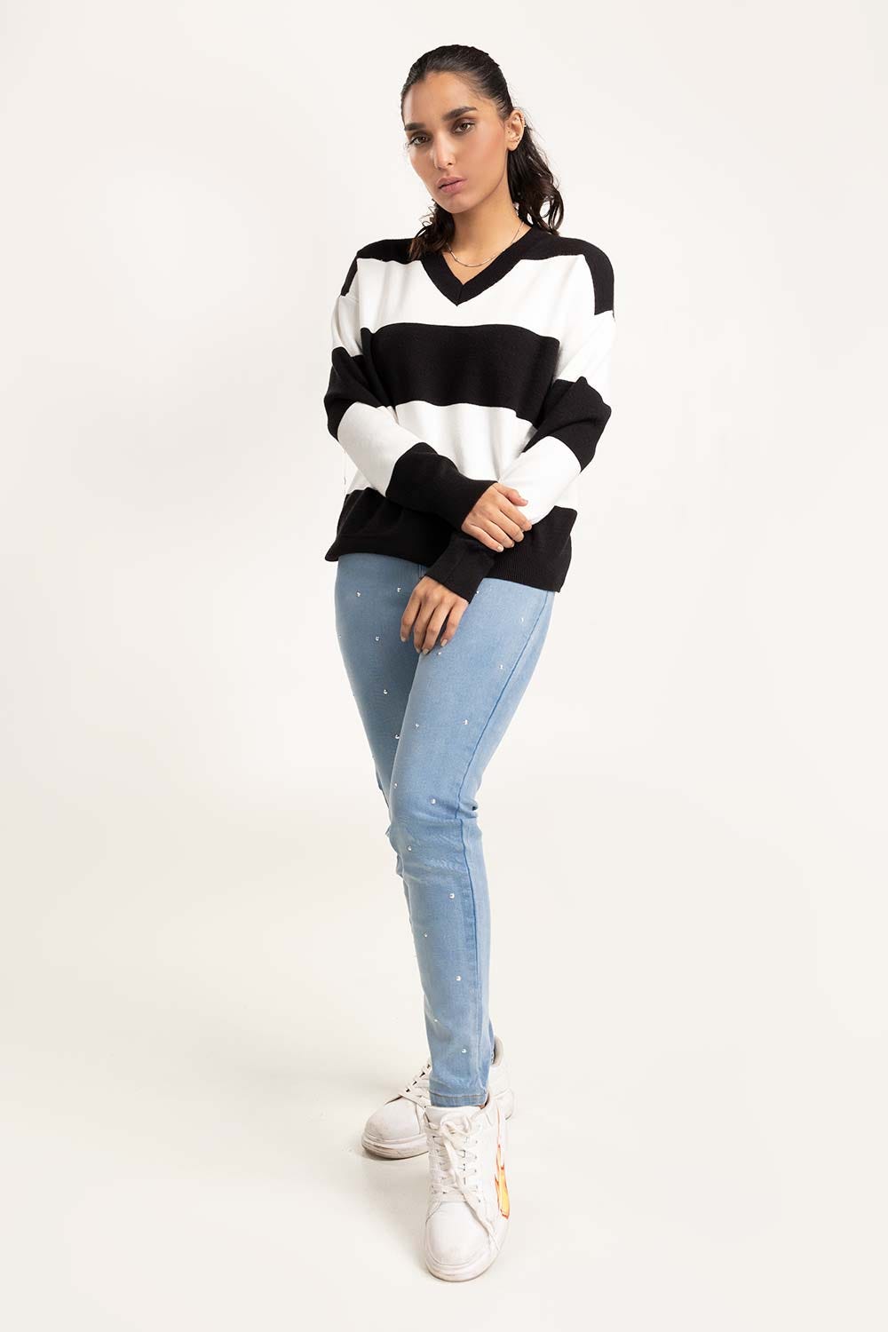 Striped V-Neck Sweater 224-211-003