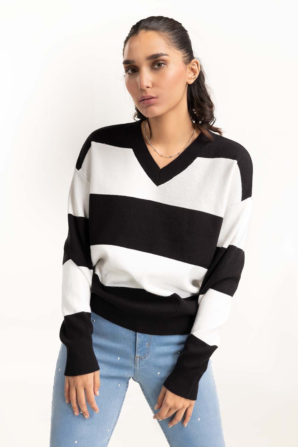 Striped V-Neck Sweater 224-211-003