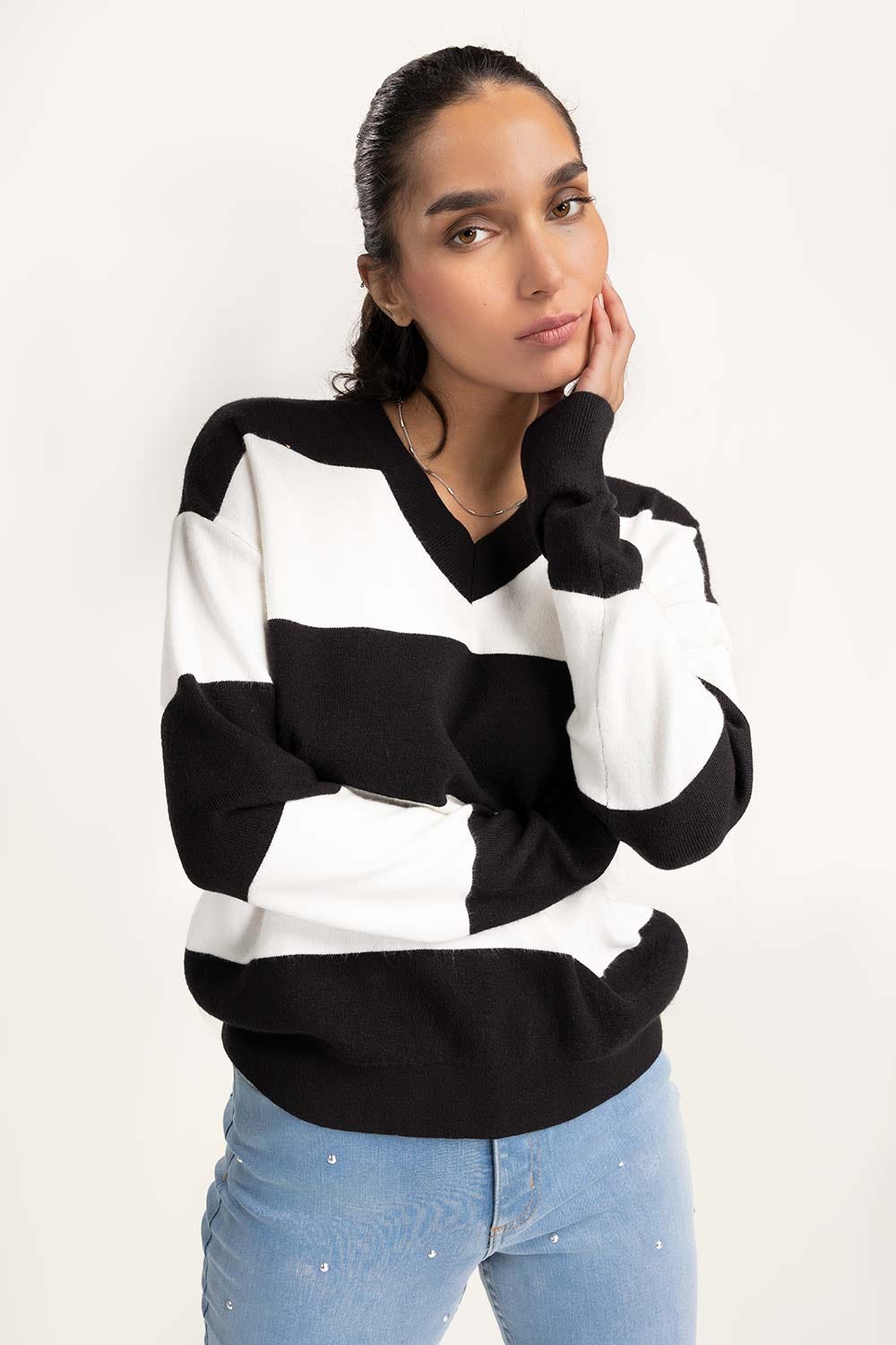 Striped V-Neck Sweater 224-211-003
