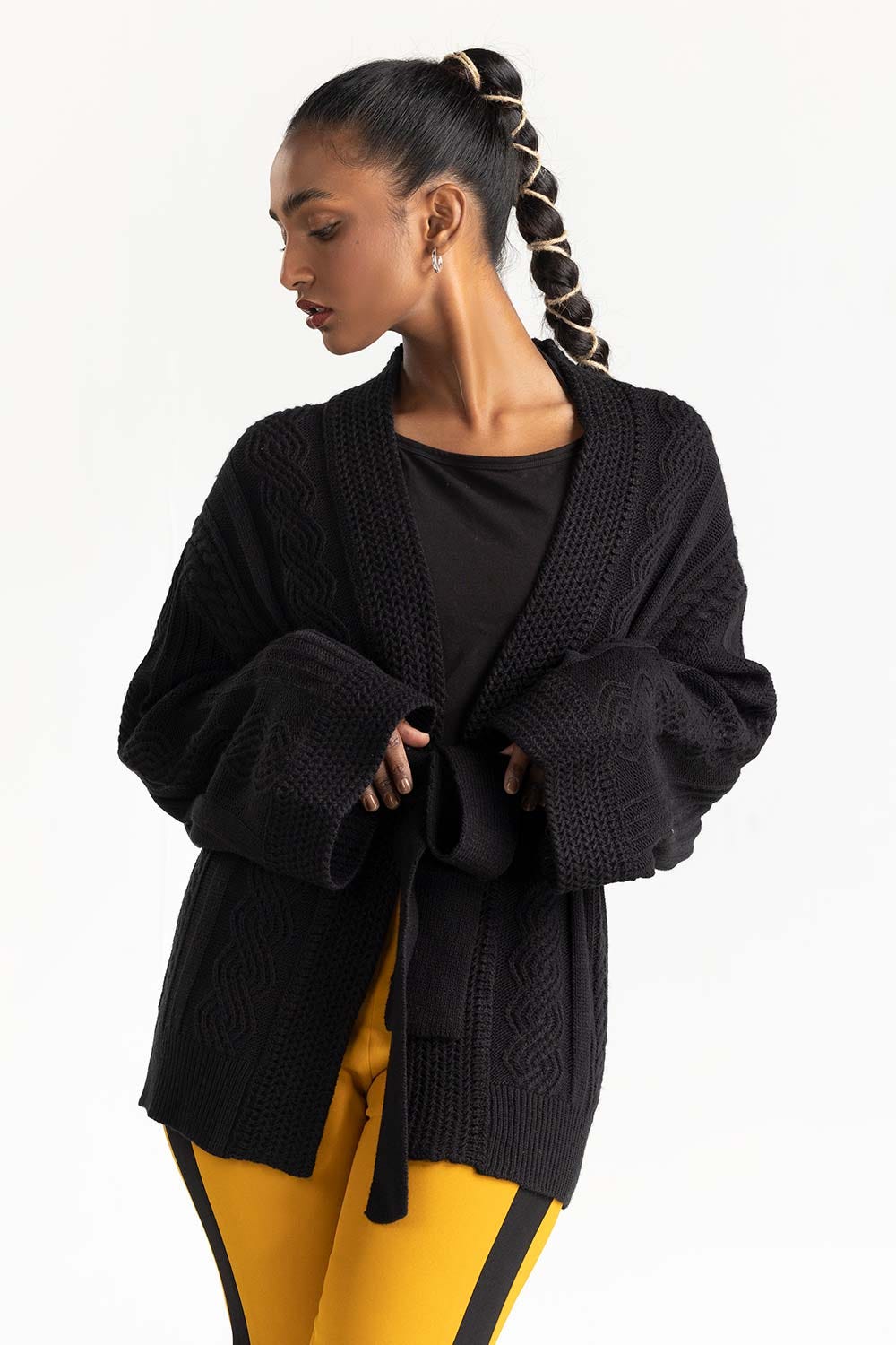 Black Open Cardigan with Belt 224-211-075