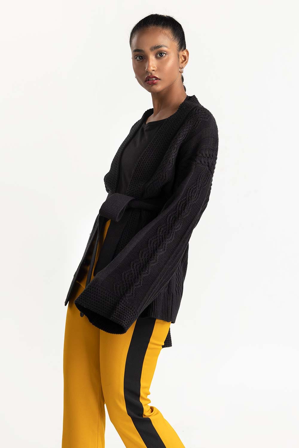 Black Open Cardigan with Belt 224-211-075