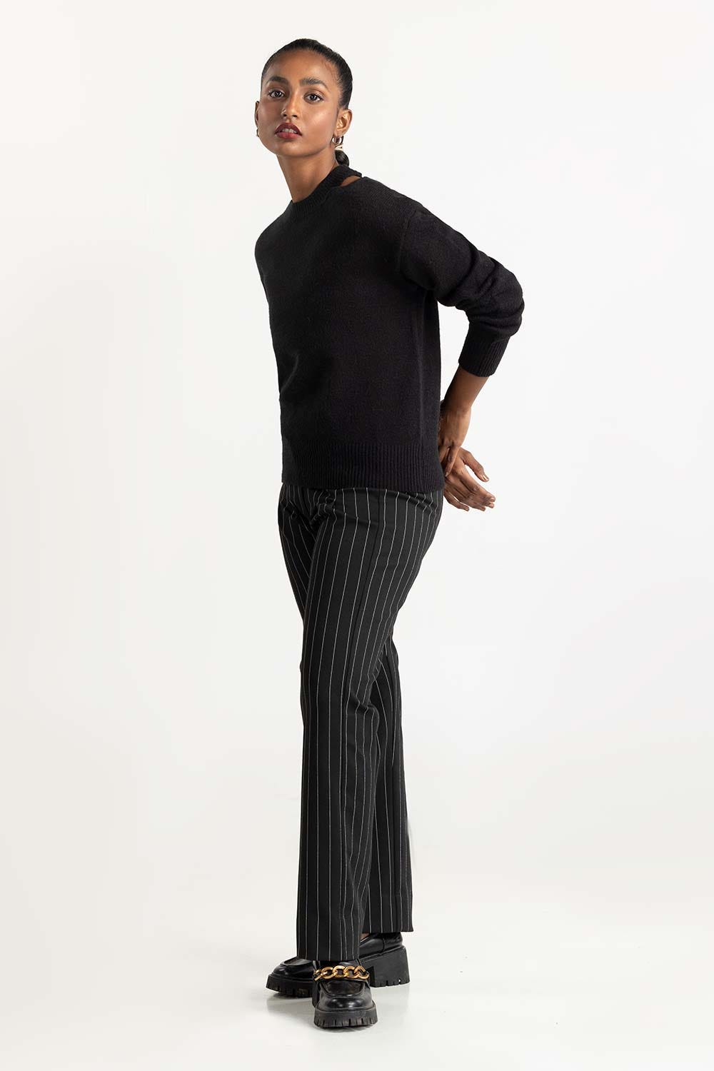 Black Shoulder Cutout Sweater 224-211-022