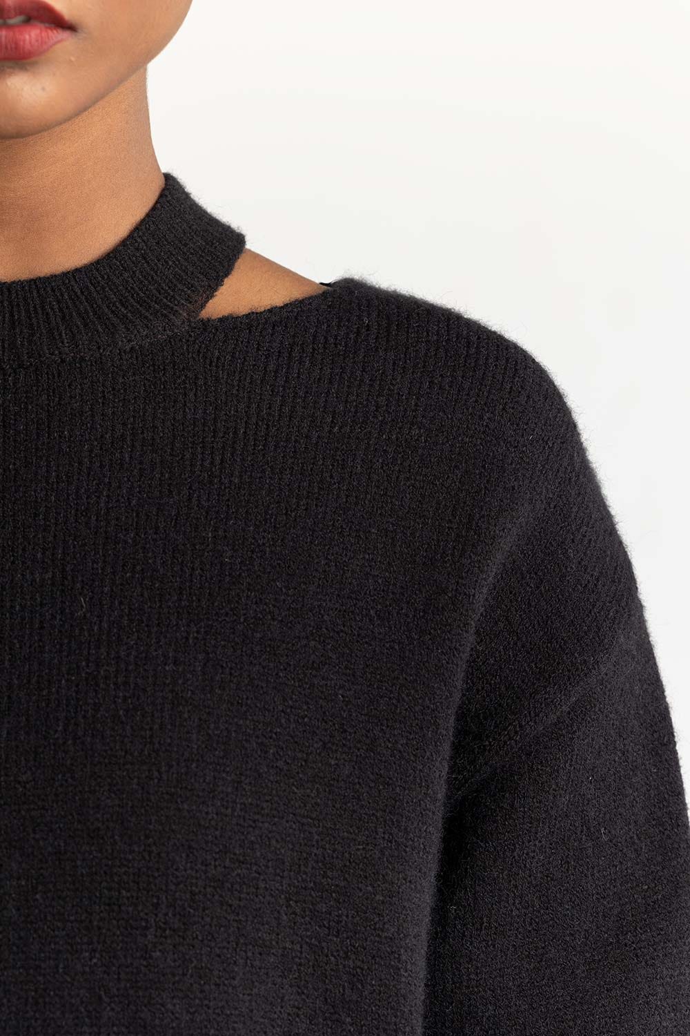 Black Shoulder Cutout Sweater 224-211-022