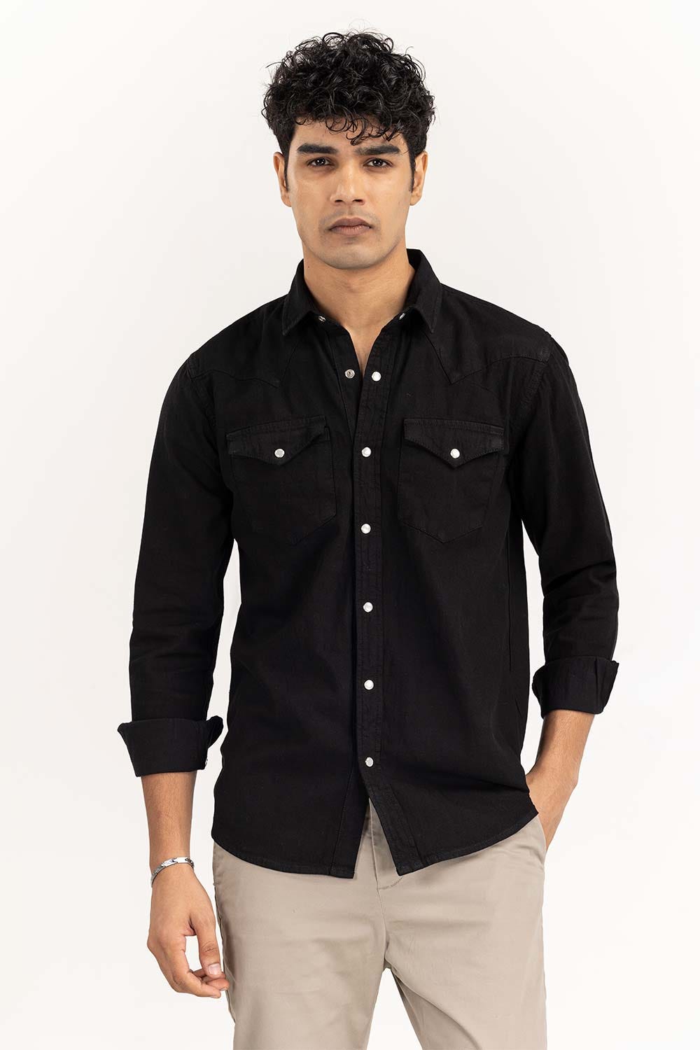 Black Yarn Dyed Casual Shirt M-DNM-S-019 CS