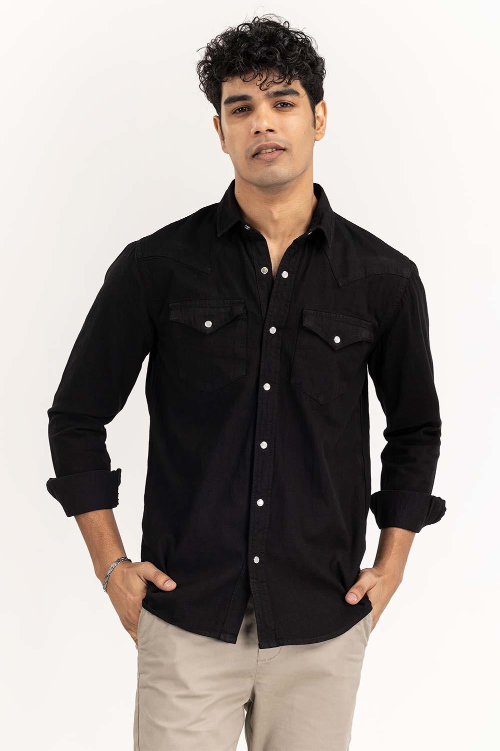 Black Yarn Dyed Casual Shirt M-DNM-S-019 CS