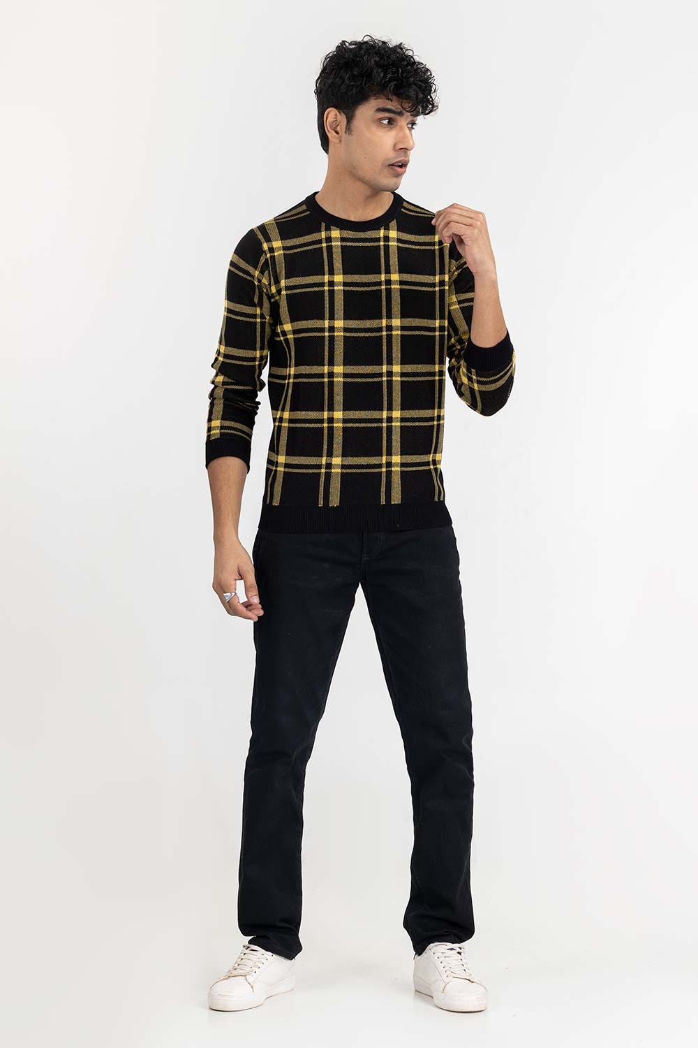Black Yellow Checkered Sweater SWT-FFSCN22-142