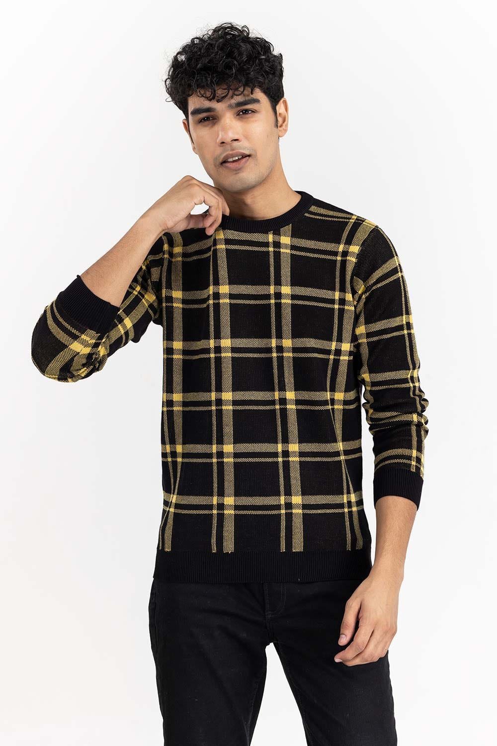 Black Yellow Checkered Sweater SWT-FFSCN22-142