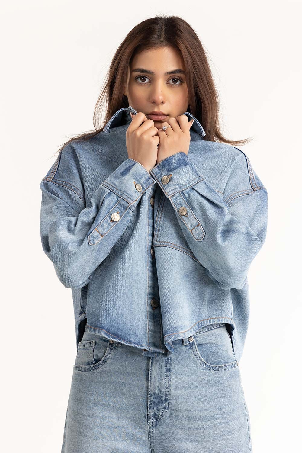 Blue Basic Denim Button Down Shirt 224-217-016