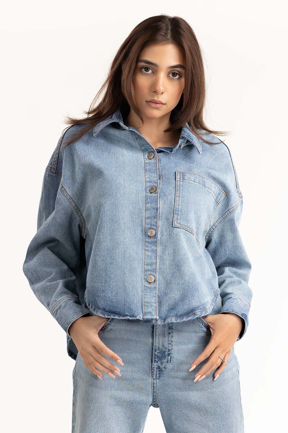 Blue Basic Denim Button Down Shirt 224-217-016