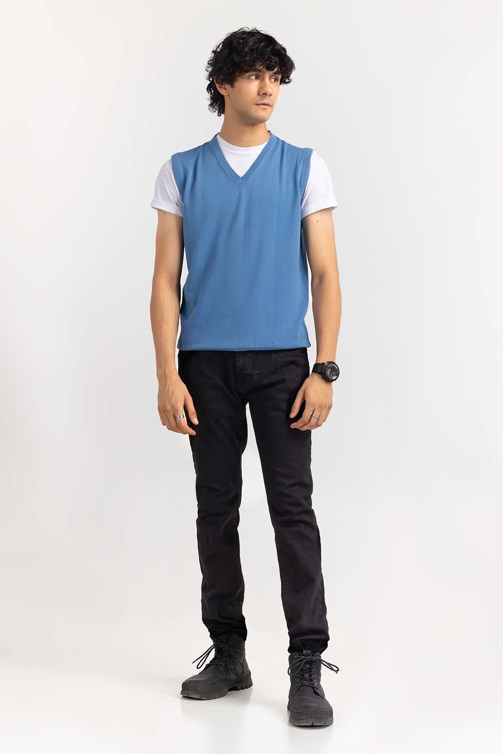 Blue Basic V Neck Sleeveless Sweater SWT-BSLVN-22-004