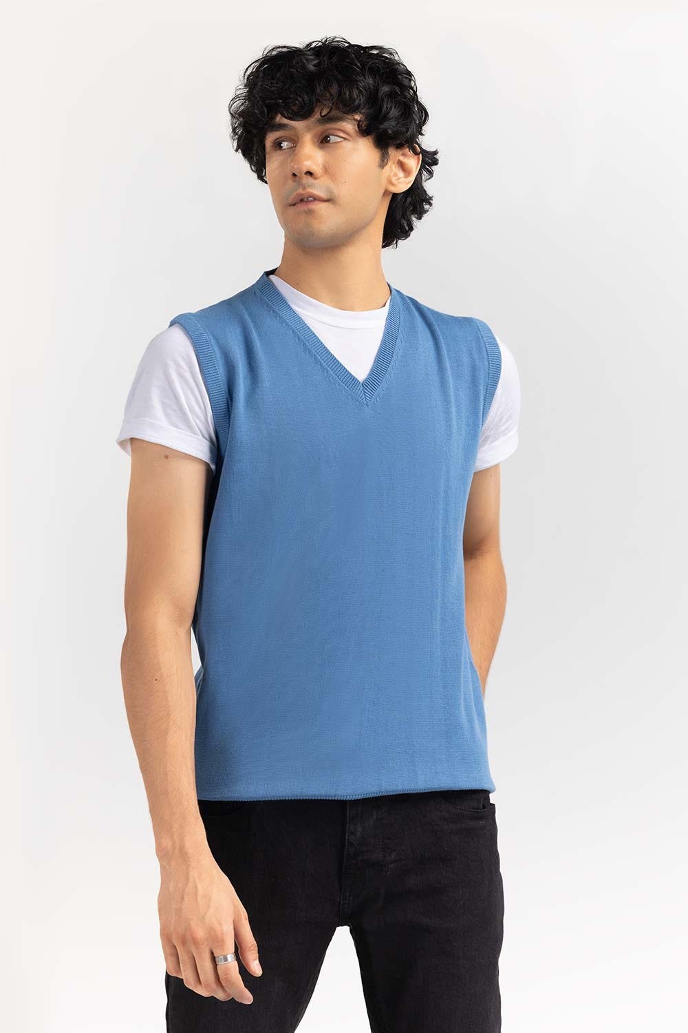 Blue Basic V Neck Sleeveless Sweater SWT-BSLVN-22-004