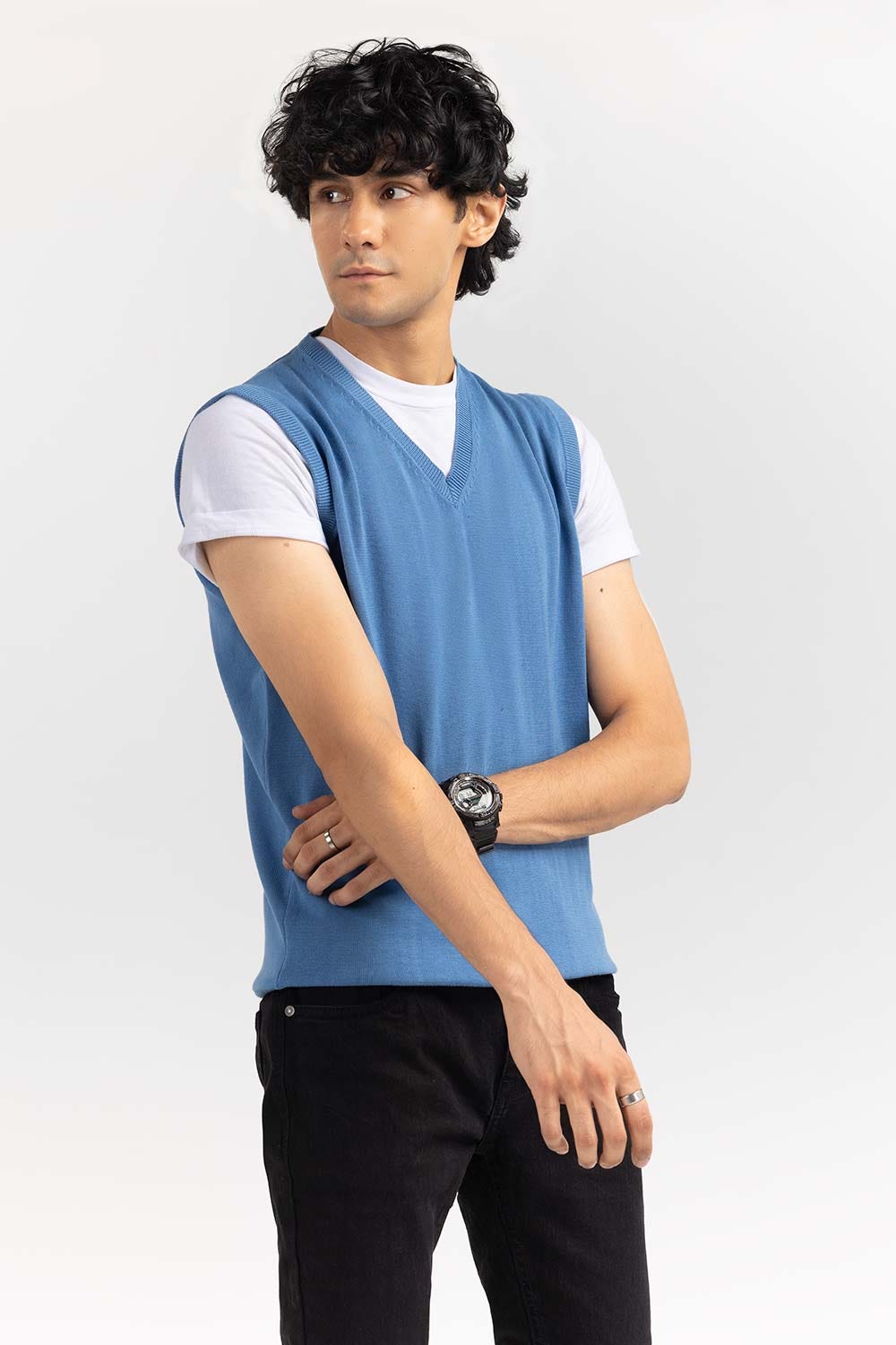 Blue Basic V Neck Sleeveless Sweater SWT-BSLVN-22-004