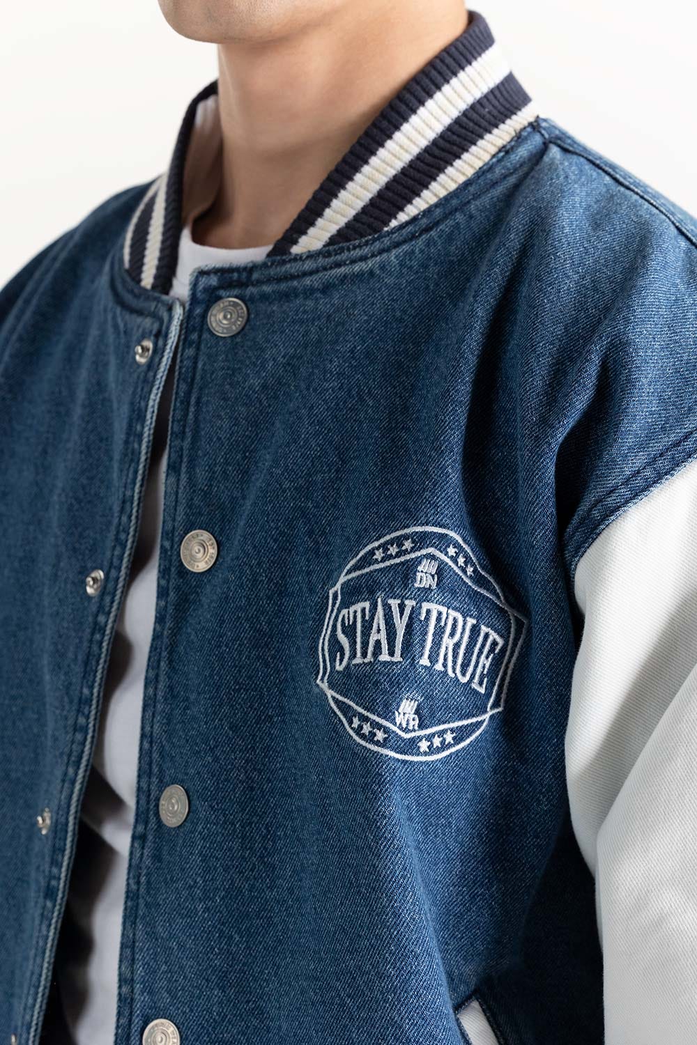 Blue Bomber Jacket with Embroidery 224-110-037