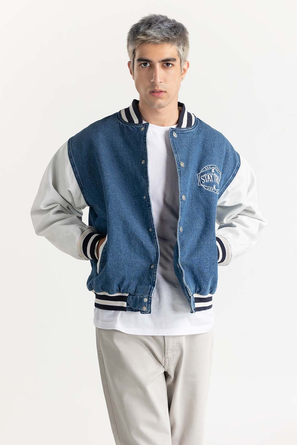 Blue Bomber Jacket with Embroidery 224-110-037