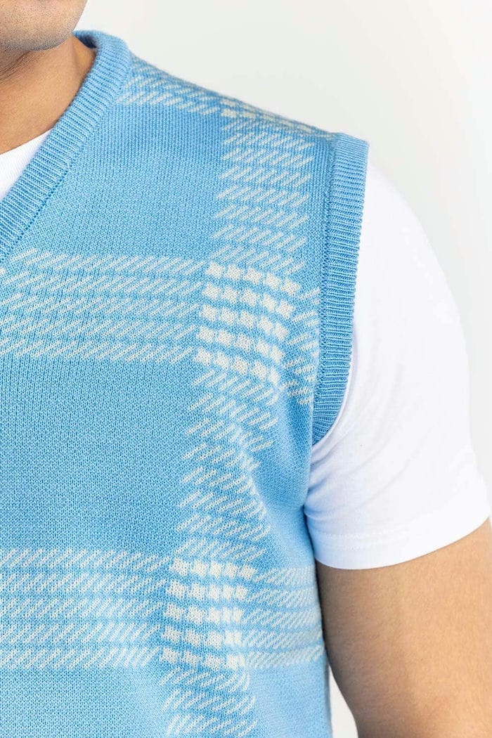 Blue Checkered Crew Neck Sleeveless Sweater SWT-FSLVN22-143-1