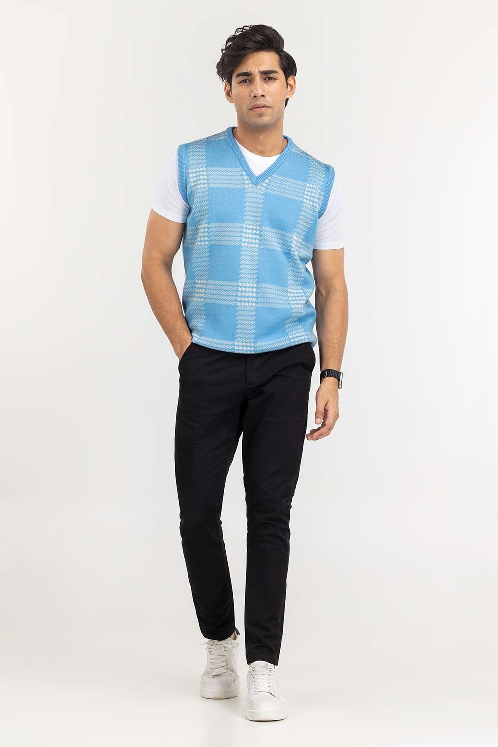 Blue Checkered Crew Neck Sleeveless Sweater SWT-FSLVN22-143-1
