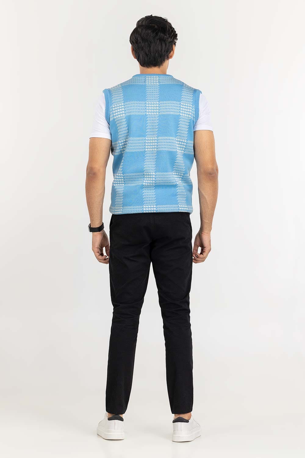 Blue Checkered Crew Neck Sleeveless Sweater SWT-FSLVN22-143-1