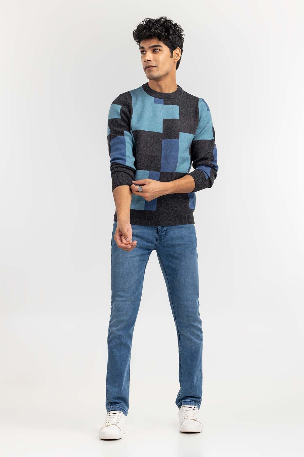 Blue Color Block Crew Neck Sweater SWT-FFSCN22-264