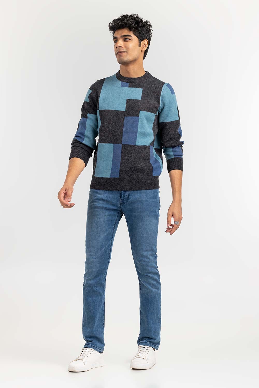 Blue Color Block Crew Neck Sweater SWT-FFSCN22-264