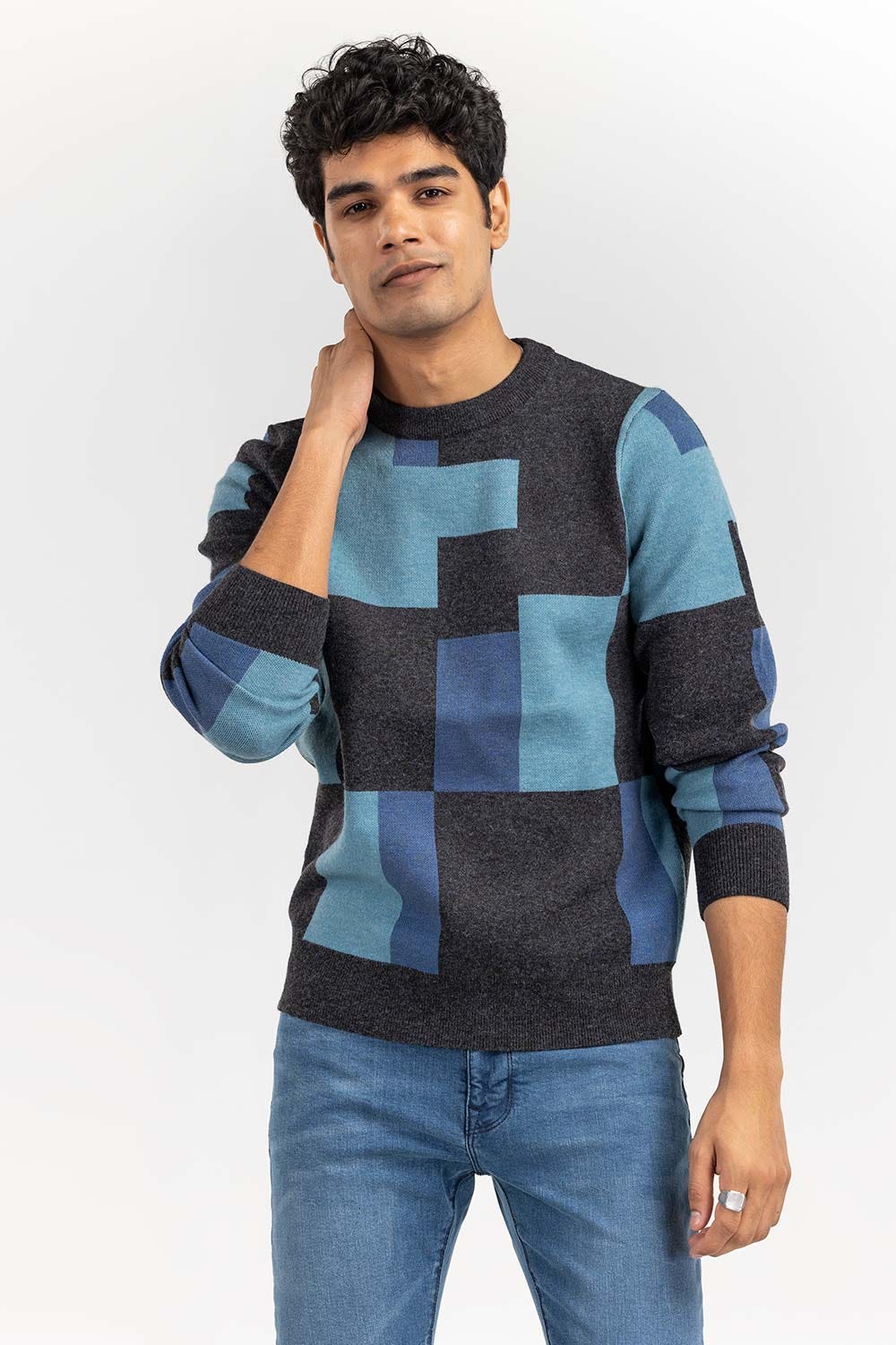 Blue Color Block Crew Neck Sweater SWT-FFSCN22-264