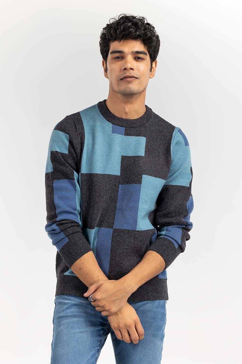 Blue Color Block Crew Neck Sweater SWT-FFSCN22-264