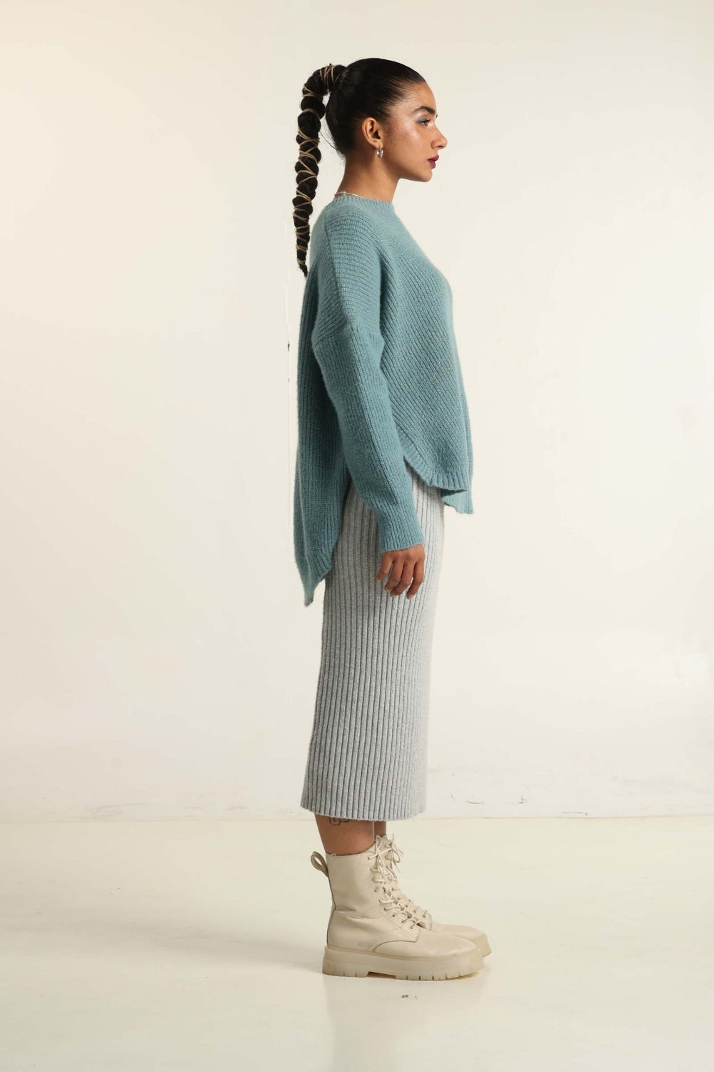 Blue Curved Hem Sweater 224-211-015