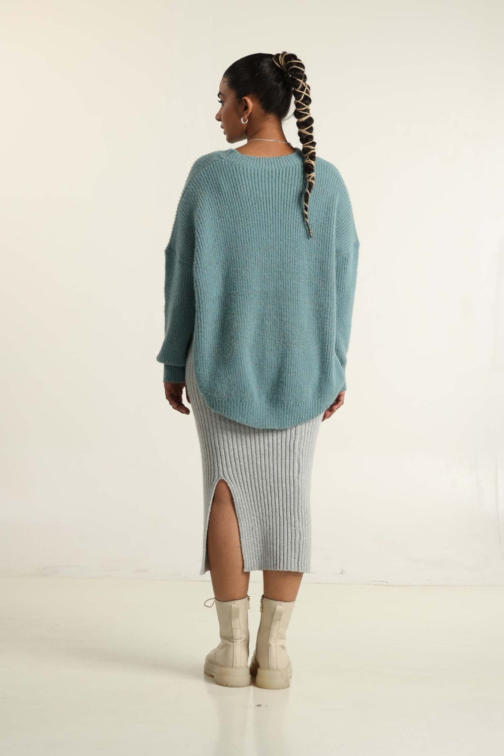 Blue Curved Hem Sweater 224-211-015