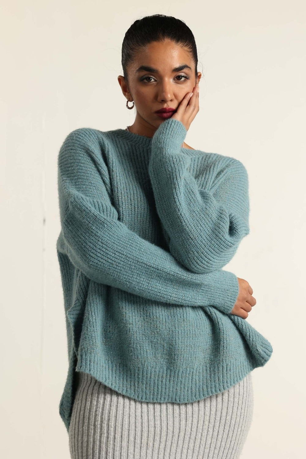 Blue Curved Hem Sweater 224-211-015