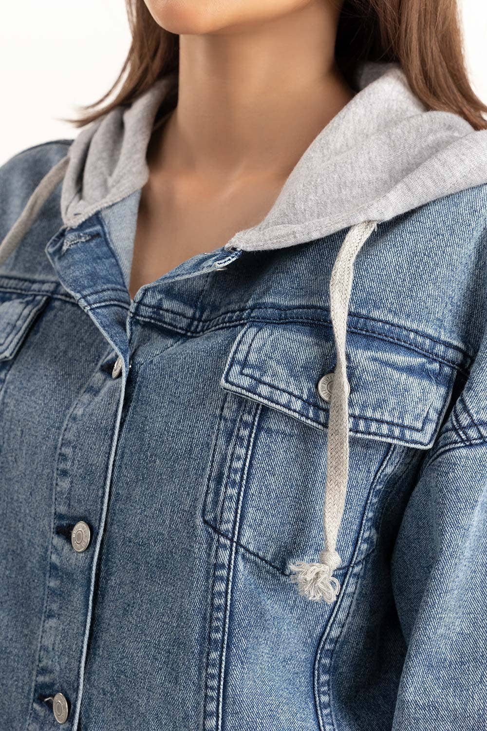 Blue Denim Button Down Hoodie 224-217-015